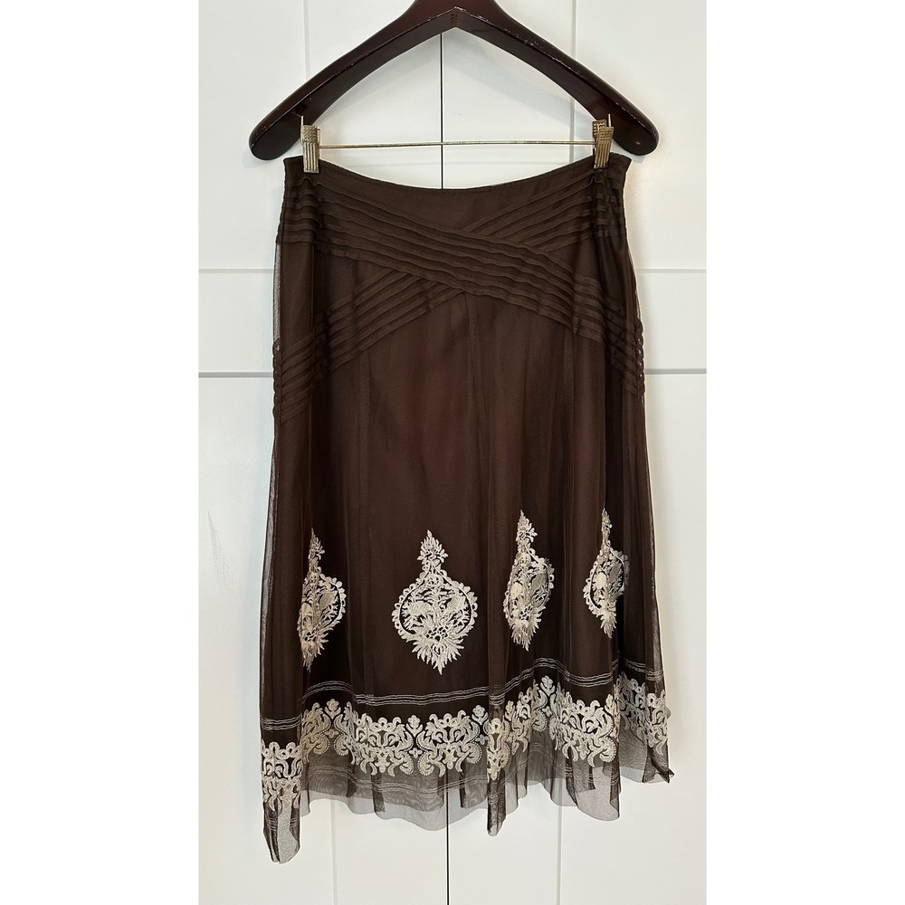 Nygard Collection Brown Mesh Embroidered Midi Skirt Pleated Waist Size 10